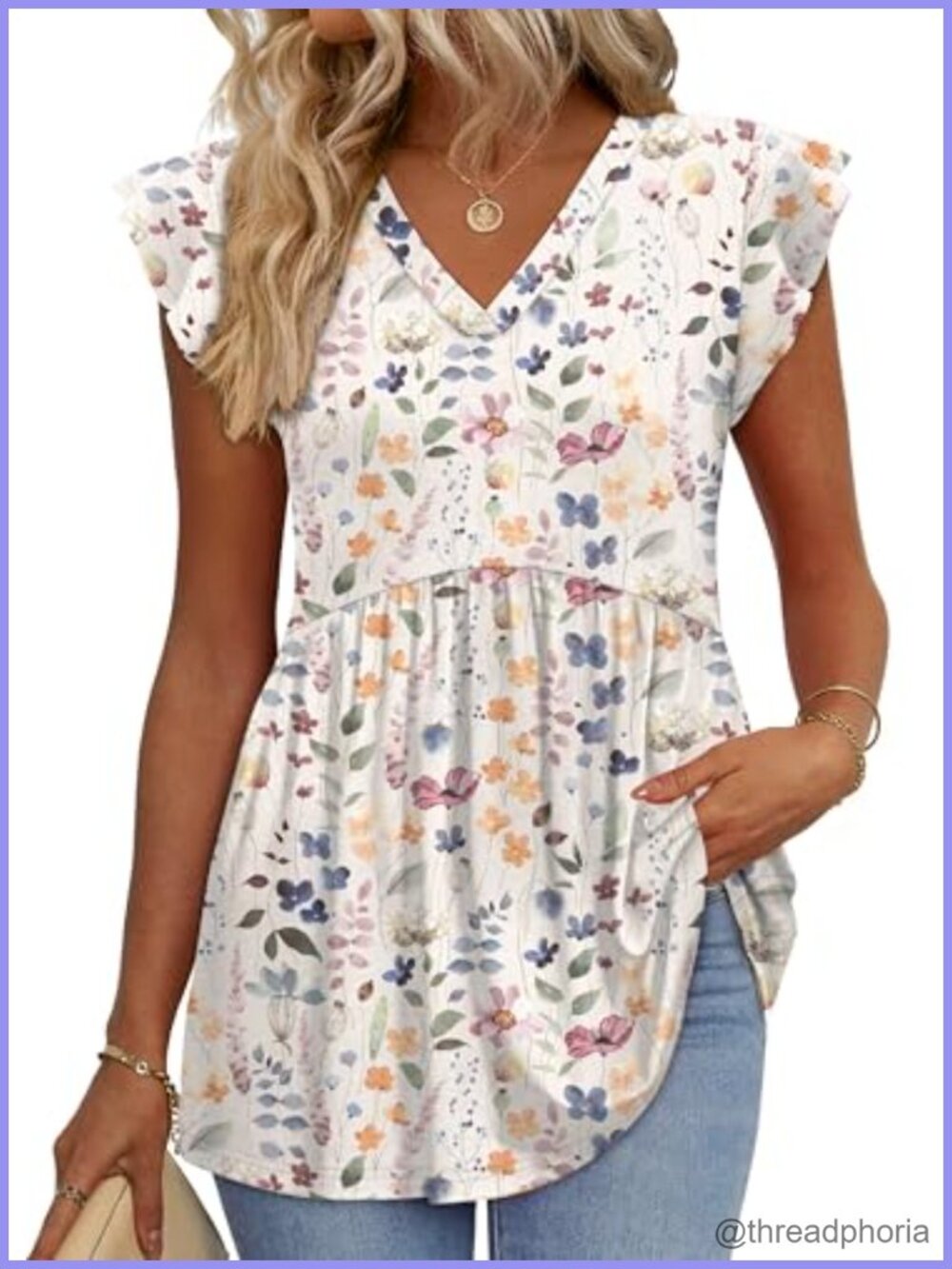 Womens V Neck Babydoll Top Ruffle Sleeve Flowy Blouse Casual Summer